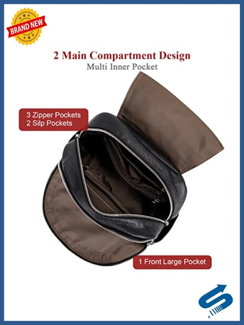 Genuine Leather Fashion Backpack with Multi Pockets and Flap, Shoulder Strap,